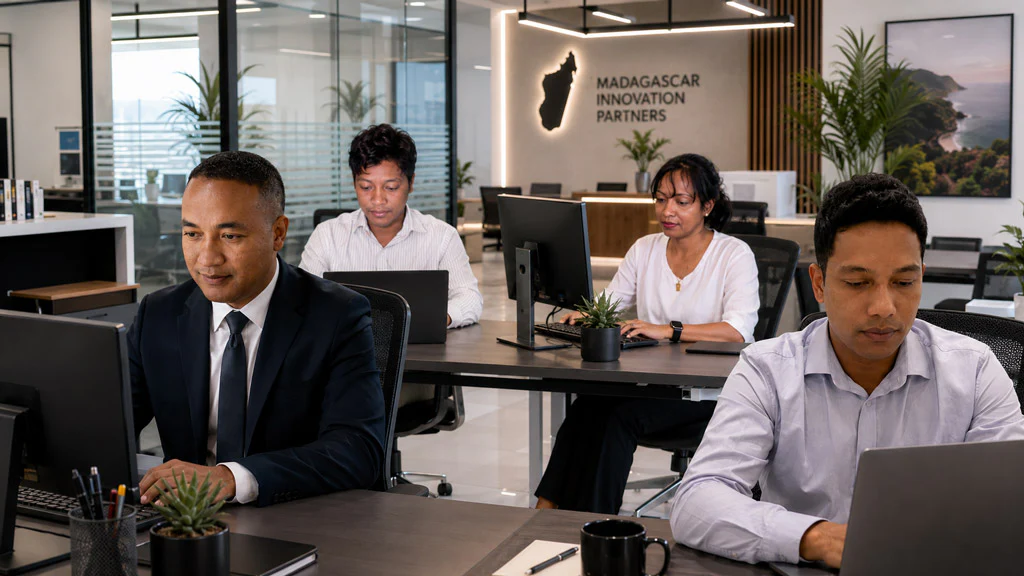 Équipe de Mada Creative Agency au travail dans un bureau moderne à Madagascar